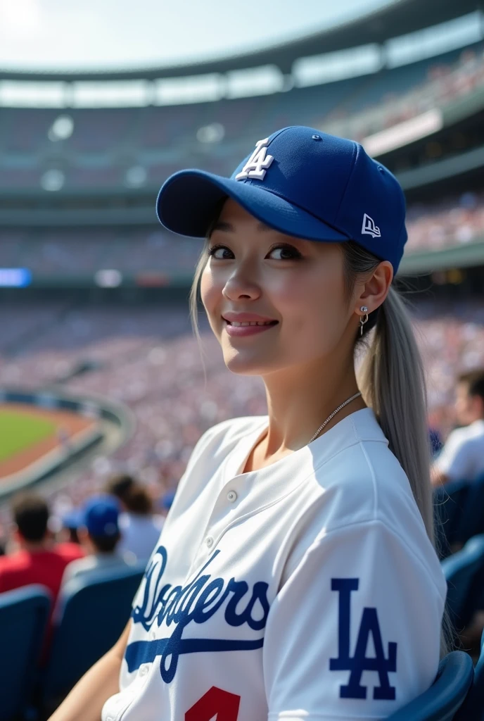 (original photo, best quality, masterpiece: 1.2), (Realistic: 1.4), Optimal lighting, 20 years old, (light gray hair, shortcut, hair covering ears, Symmetrical eyes, White skin, alone, Delicate skin, Detailed Background:1.2), Front view, Smiling, From the stadium to the auditorium, Sitting in the stands at a baseball stadium and watching the game, Holding iPhone 15 Pro in one hand, A lot of viewers, Wearing a Los Angeles Dodgers baseball cap and the Los Angeles Dodgers, Large Breasts, Accessories, hair tied back, daytime, exposed to sunlight