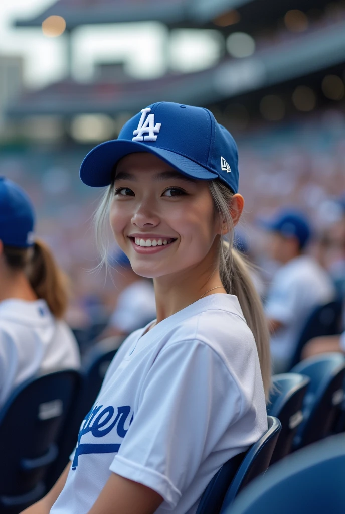 (original photo, best quality, masterpiece: 1.2), (Realistic: 1.4), Optimal lighting, 20 years old, (light gray hair, shortcut, hair covering ears, Symmetrical eyes, White skin, alone, Delicate skin, Detailed Background:1.2), Front view, Smiling, From the stadium to the auditorium, Sitting in the stands at a baseball stadium and watching the game, Holding iPhone 15 Pro in one hand, A lot of viewers, Wearing a Los Angeles Dodgers baseball cap and the Los Angeles Dodgers, Large Breasts, Accessories, hair tied back, daytime, exposed to sunlight