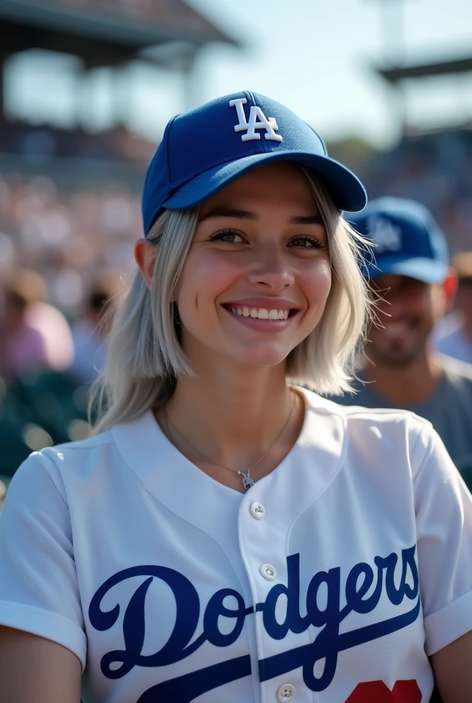 (original photo, best quality, masterpiece: 1.2), (Realistic: 1.4), Optimal lighting, 20 years old, (light gray hair, shortcut, hair covering ears, Symmetrical eyes, White skin, alone, Delicate skin, Detailed Background:1.2), Front view, Smiling, From the stadium to the auditorium, Sitting in the stands at a baseball stadium and watching the game, Holding iPhone 15 Pro in one hand, A lot of viewers, Wearing a Los Angeles Dodgers baseball cap and the Los Angeles Dodgers, Large Breasts, Accessories, hair tied back, daytime, exposed to sunlight