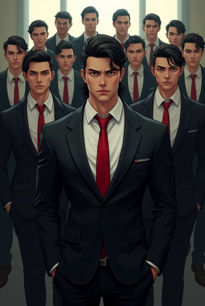 a guy sitting on a chair in a formal black suit , white shirt and red tie , looks pretty muscular . He has around ten guys behind him standing who has the exact same facial features . He has a teen face , has modern mullet hairstyle and dark black hair . The ten guys behind are standing behind in a indisciplined manner and posing like shooters . they all looks the exact same with exact hair . all the faces has to be visible properly