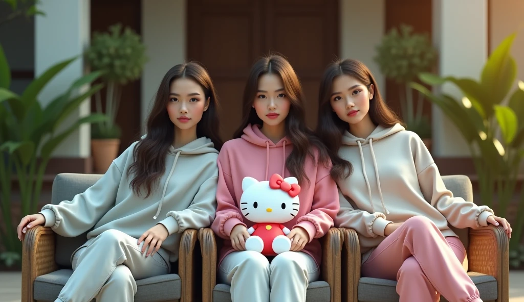 3 beautiful Indonesian adult women, loose hair, big nose, wear a hoodie, long pants, wear black sneakers, all faces facing the front camera, sit on the chair, hand holding a hello kitty doll, in front of a beautiful house, beautiful afternoon atmosphere, ultra details, minim diffect, realistic, 8k quality image