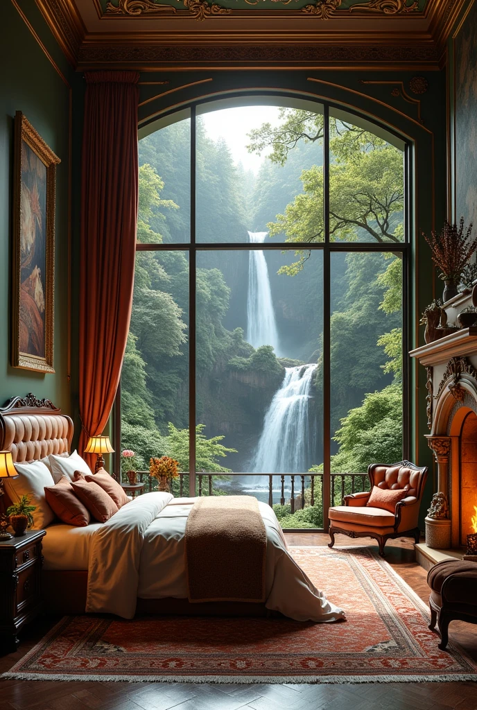 Gorgeous mansion bedroom in the woods。You can see the waterfall
