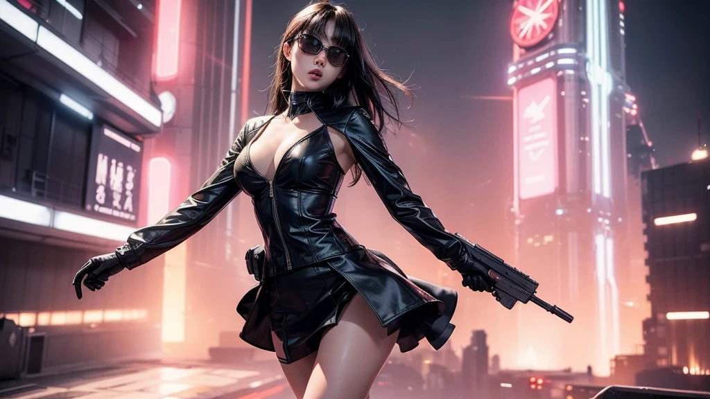 (Wide angle view). Blade Runner style futuristic city, simple outlined transparent neon tall buildings, glowing giant clock tower, flying cars, helicopter, lightning, 3D rendering Beeple. At night, (1girl, solo, alone), photorealistic, medium-breast slim:0.6 body, oval:0.6 face, cleavage:1.1, sexy black laced bra, glove, deep-V, (very low angle view of miniskirt), white laced panty, coat, (Matrix style black micro sunglasses), ((aiming viewer with a short gun)), (running pose), (half-body thigh level close-up shot), cinematic lighting, ray tracing.