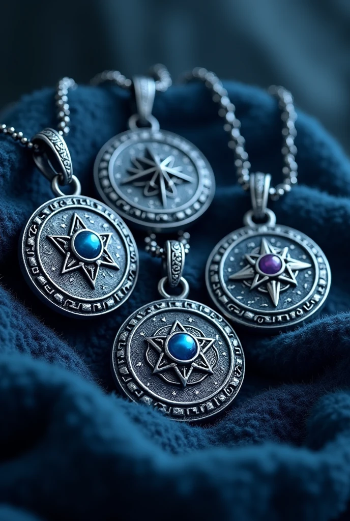 (Photorealism: 1.2), 5 powerful Wicca amulets pendant style, deep blue and silver, mystical and each amulet has a zodiac sign in the center