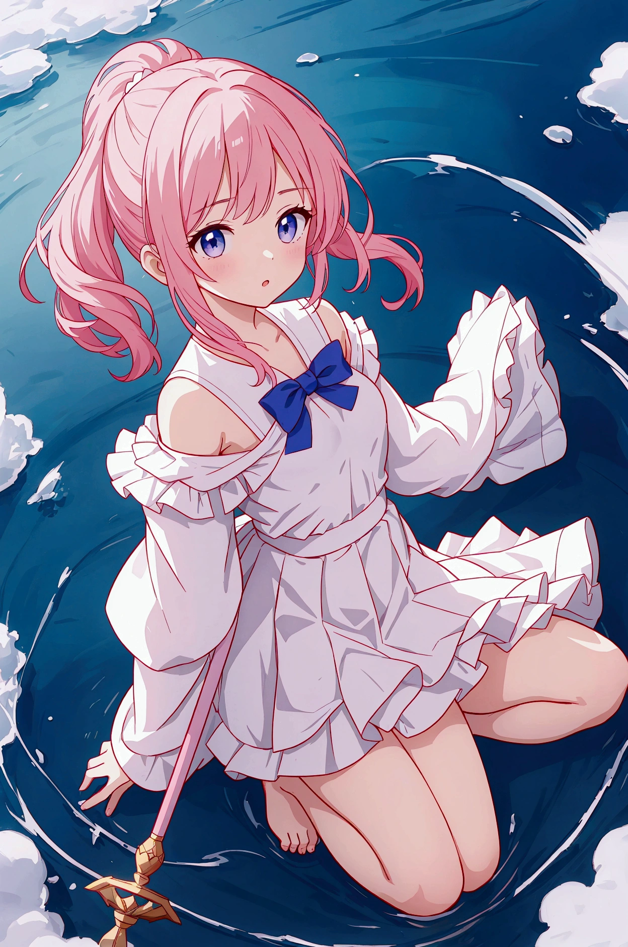 Plain white with emphasis on the chestＴshirt、You can see the chest from the neck、Ultramarine and white striped mini skirt、When you lift up her skirt you can see her cute pink frilly underwear..、Fluffy, White frilly flared skirt、When she lifted her skirt, She found some cute red frilly underwear、barefoot、library、Three girls of different heights Magical girl with a magic wand、Wind and water magic、Black Magic Robe