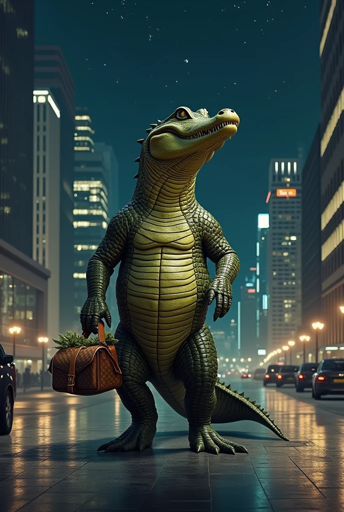 Crocodile in frankfurt am main night at the skyline with a louis vuitton trio bag black and greywith weed and coca