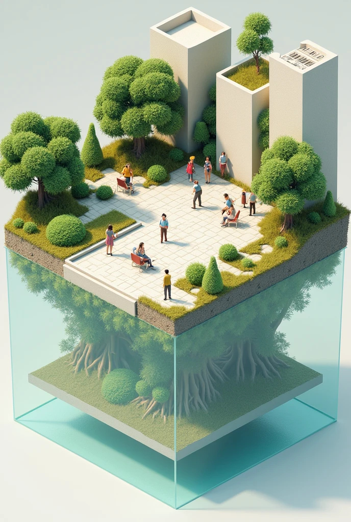 Urban park, in basic scheme, with realistic materiality, people and in isometric perspective , with transparent bottom
