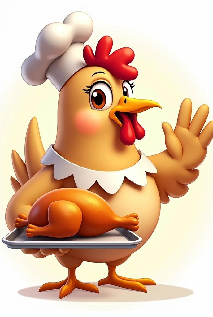 Create a logo mascot for a roast chicken delivery company in Sorriso. The mascot should be a friendly and cheerful chicken wearing a chef's hat., holding a delicious golden roast chicken on a tray.And with her other hand she must be waving, The chicken must have a welcoming smile, bright eyes and be designed in a way that is both playful and professional, attractive to families, O design geral deve ser simples, easily recognizable and suitable for use in packaging, signage and online platforms. The main color of the chicken should be brown