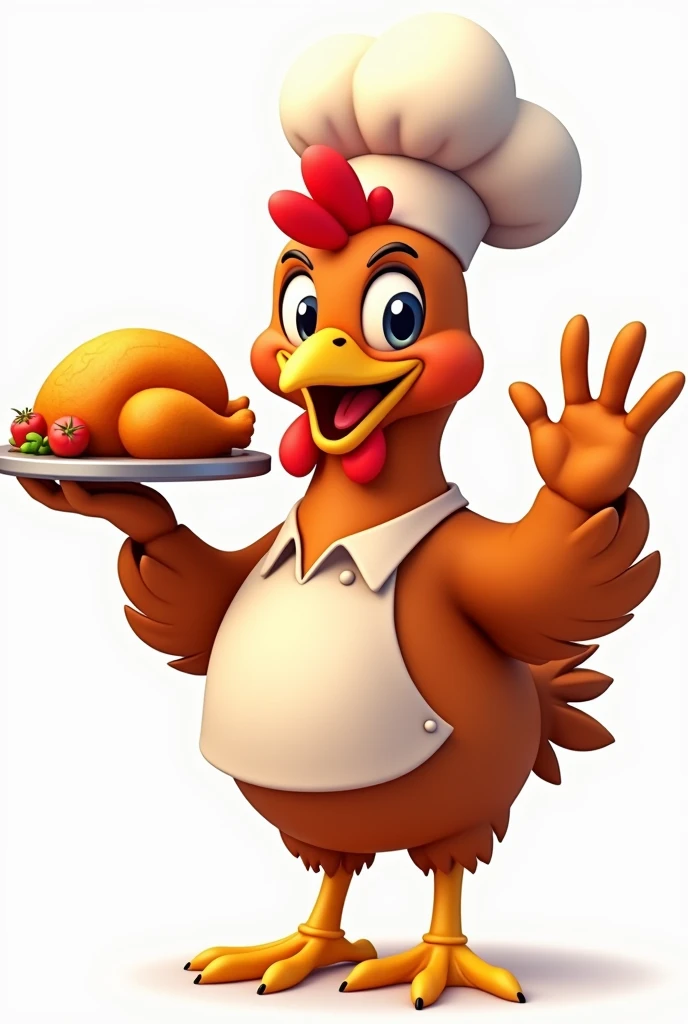 Create a logo mascot for a roast chicken delivery company in Sorriso. The mascot should be a friendly and cheerful chicken wearing a chef's hat., holding a delicious golden roast chicken on a tray.And with her other hand she must be waving, The chicken must have a welcoming smile, bright eyes and be designed in a way that is both playful and professional, attractive to families, O design geral deve ser simples, easily recognizable and suitable for use in packaging, signage and online platforms. The main color of the chicken should be brown