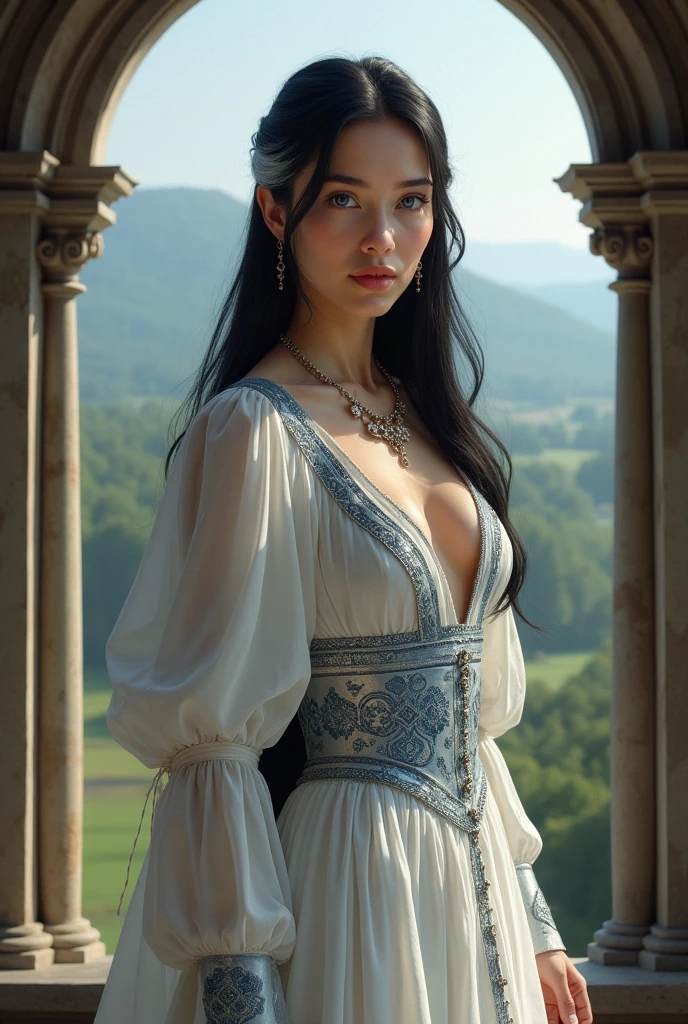 Take a 60 year old woman, she has blue eyes, long black hair and a strand of her hair is turning white, her skin is white, she is very beautiful, but make her a little older 
she is wearing a white dress with blue and silver details, showing her position in royalty as queen consort 
She is in a medieval setting in the middle of a window, where in the background you can see