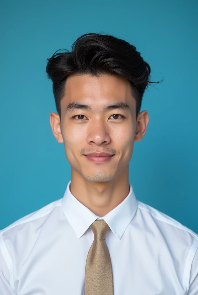 handsome young male passport photo, white shirt and tie, short hair slightly curly neatly arranged, blue background