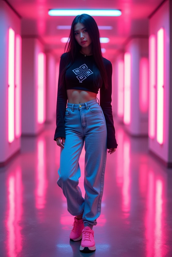 "Full-body hyper-realistic portrait of a confident woman with long, straight black hair and deep brown eyes, wearing a black crop top with geometric patterns, light blue high-waisted jeans, and chunky pink sneakers. Her expression is focused and intense, with a hint of a smile. The background is a sleek, futuristic corridor bathed in pink neon light, complementing her outfit's cool tones. The lighting highlights her facial features and the texture of her outfit, creating a dynamic contrast between light and shadow. The color palette is a blend of black, light blue, and pink. Shot in ultra-high resolution, 8K, with precise lighting to capture every detail."
