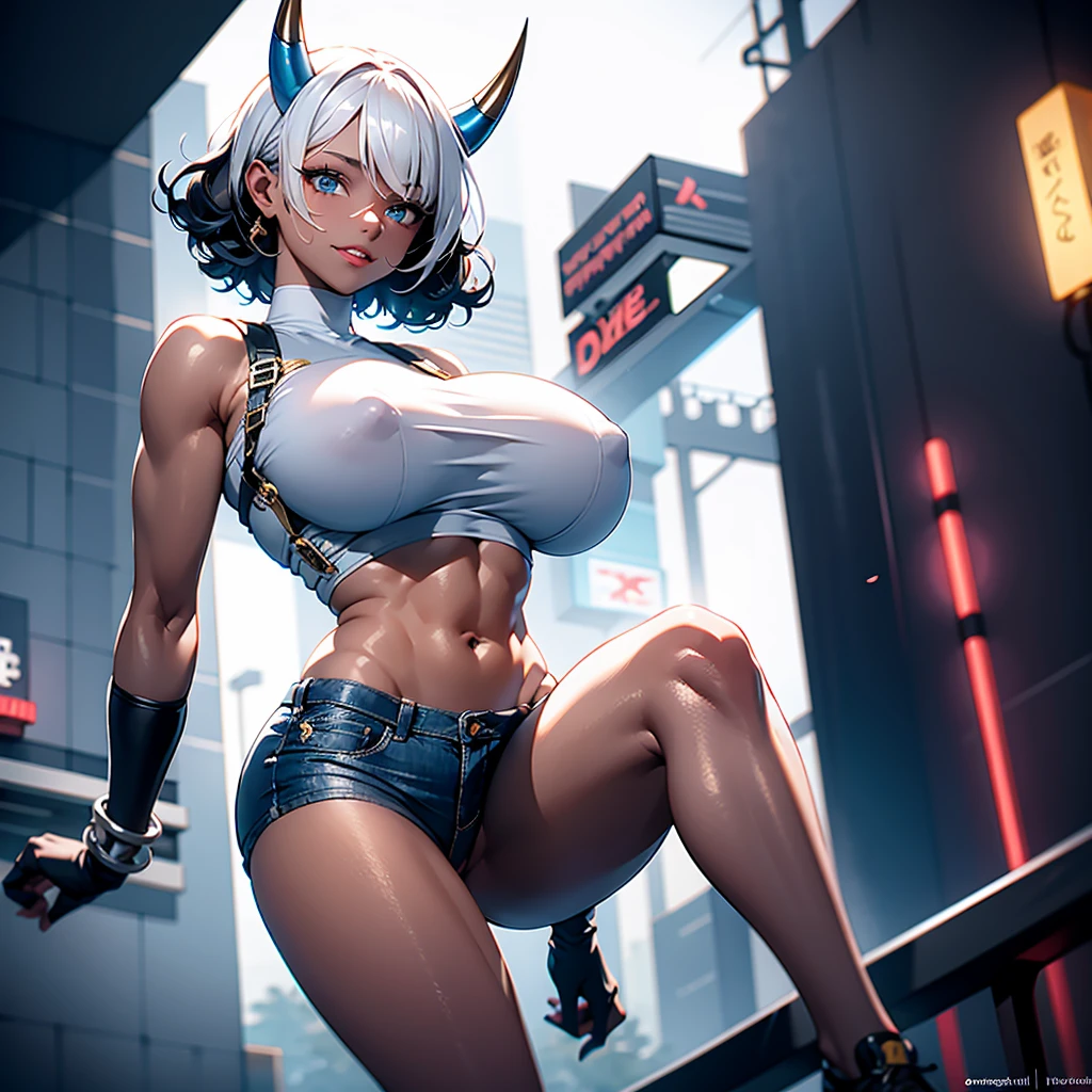 ((best quality)), (detailed), 1 brutal women, 8k_wallpaper, extremely detailed eyes, (large masterpiece digital art), (intricate details:1.3 ), (ultra-detailed:1.3), (sharp focus:1.3), (natural lighting:1.05), (vivid colors:1.3), (best quality:1.4), expressive eyes, full body, detailed face, beautiful face, perfect face, ((hair black curls)), ((blue horns)), (gold eyes), {{dark skin}}, ({dark skinned female}), (big breasts), huge chest, big wide ass, powerful relief muscles of the abdomen and legs, powerful strong muscles of the arms, a predatory and daring look, a predatory smile with a lot of fangs, dressed in an open white coat with rolled up sleeves, a translucent blue crop top through the fabric, the clear outlines of large pointed nipples are visible, denim mini-shorts, leather gloves, steel bracelets, a large hiking backpack, walks along the street of a large metropolis in the cyberpunk style with many advertising neon tabloids and labels of establishments, sunny day, light fog,