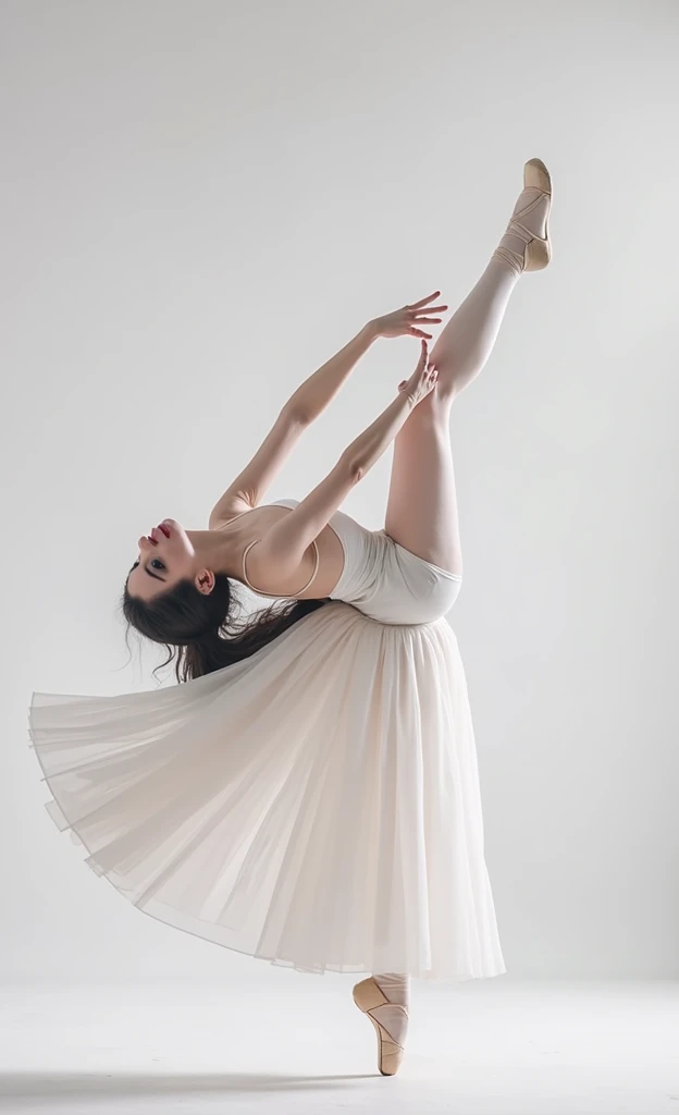 1 Girl, dancer, A stunning ballerina dancing gracefully on the stage, Beautiful and delicate eyes, Beautiful and delicate lips, Extremely detailed face and body, Long eyelashes, Elegant ballet pose, White tutu skirt, Pointe shoes, Flowing long hair, Dramatic Lighting, Dramatic cinematographic angles, Film composition, Chiaroscuro lighting, Dramatic shadows, 8K, masterpiece, best quality, very aesthetic, absurd