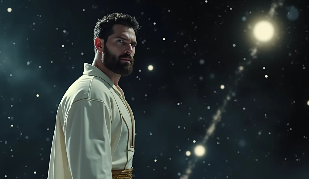 A cinematic medium shot of Henry Cavill with short hair and long beard as Pre-retcon Beyonder in the MCU. He is floating in blackspace and is showing his back fully (meaning he is faced opposite side ) to us while we can only see his side face where he gives a villainous facial expression with a little smirk. His eyes are full white with no eyeball .He has a non muscular build and is wearing a white outfit with full sleeve with a golden sash around his waist with no cape. The background reveals blackish floating space with glowing stars and unique multiverse structures. Don't need full of him just half or less than half of his body needs to be revealed so that it's a close shot. Give me very closer shot.Give him beard.
