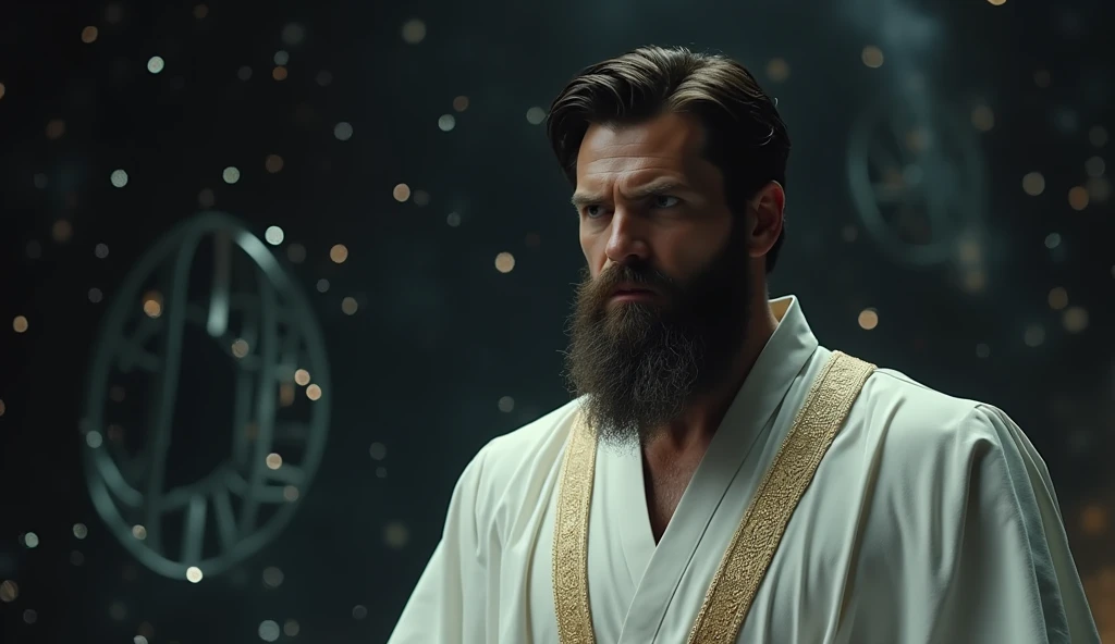 A cinematic medium shot of Henry Cavill with short hair and long beard as Pre-retcon Beyonder in the MCU. He is floating in blackspace and is showing his back fully (meaning he is faced opposite side ) to us while we can only see his side face where he gives a villainous facial expression with a little smirk. His eyes are full white with no eyeball .He has a non muscular build and is wearing a white outfit with full sleeve with a golden sash around his waist with no cape. The background reveals blackish floating space with glowing stars and unique multiverse structures. Don't need full of him just half or less than half of his body needs to be revealed so that it's a close shot. Give me very closer shot.Give him beard.