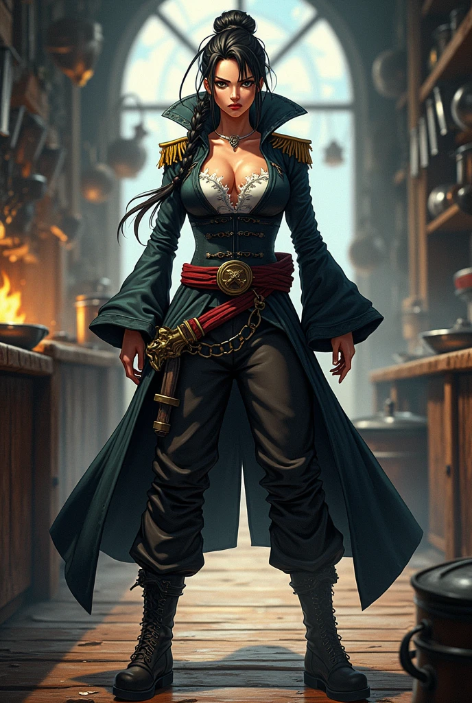 pirate outfit based on the anime One Piece for a female cook, she cooks for the crew, Do it full body. I want something more intimidating, he understands? I want something that commands respect, less cuteness and more fear.