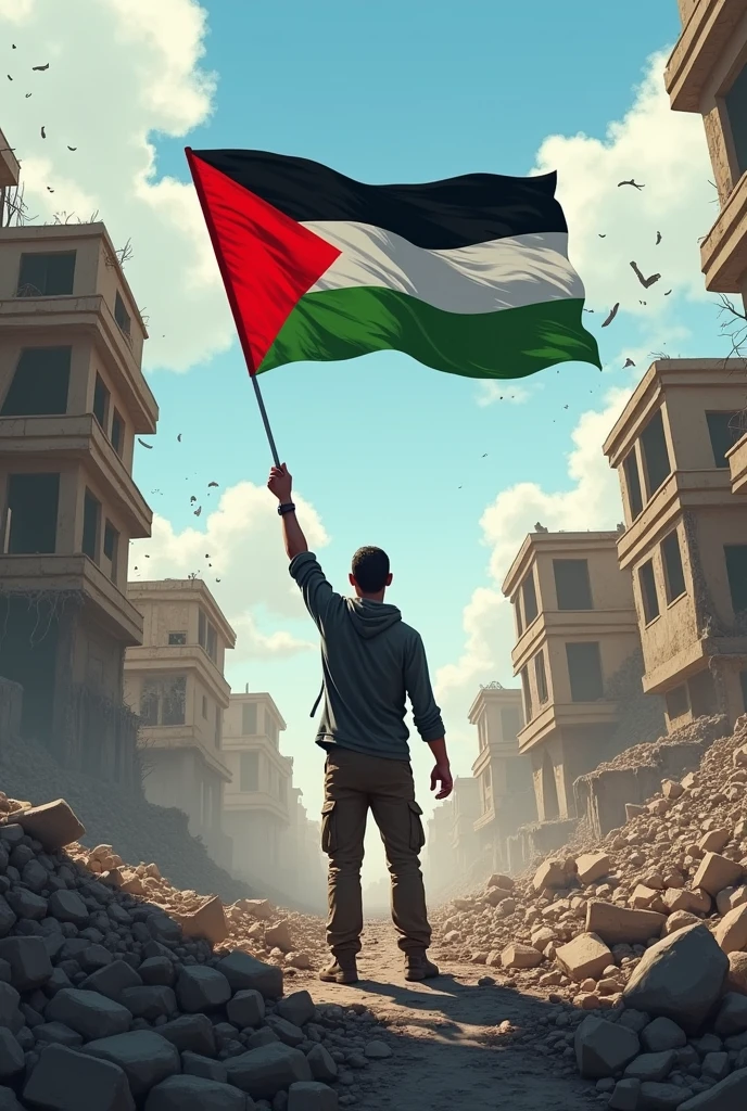 An 1 holding a Palestine flag and there are destroyed houses and bombs in the background