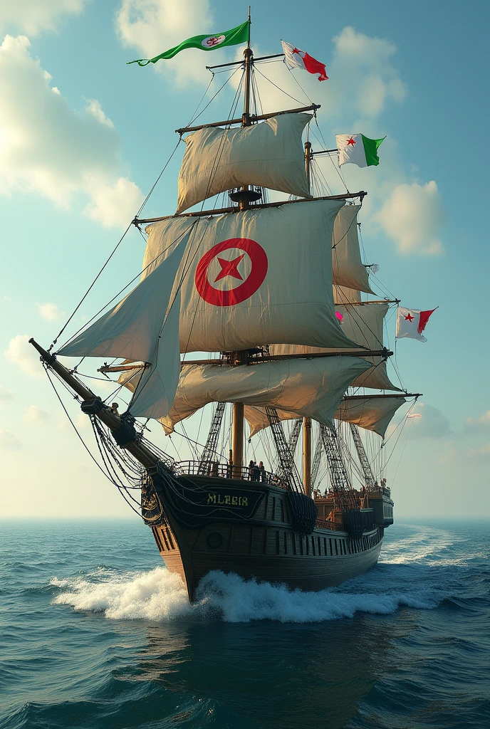 A big pirate ship on it an Algerian flag written on it FBI