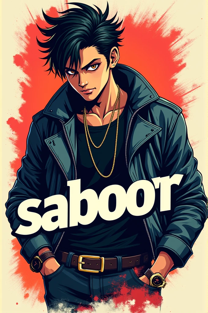 Anime bad boy on shirt written SABOOR