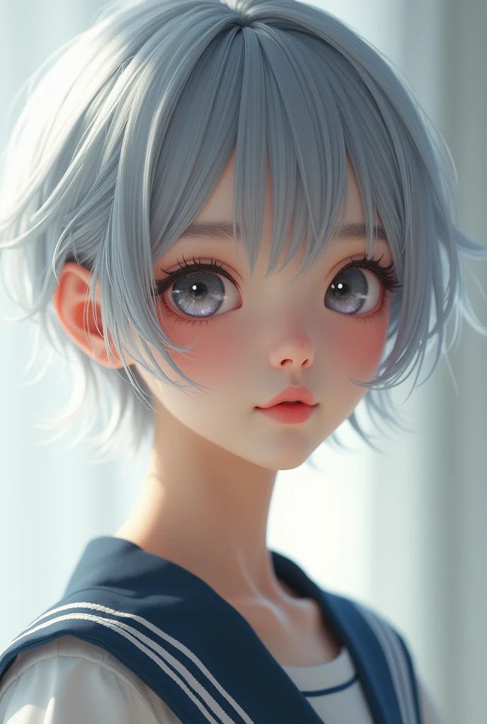 a beautiful young half japanese half Nordic girl,large expressive eyes,dorrpy eyes,beautiful detailed eyes,charming eyes,extremely detailed and beautiful face,(charming smile:1.0),flawless transparent skin,ultra short hair,silver hair,(highschool uniform,masterpiece,high resolution,photorealistic,extremely detailed:1.75),detailed description,vivid colors,studio lighting,physically-based rendering,intricate detail