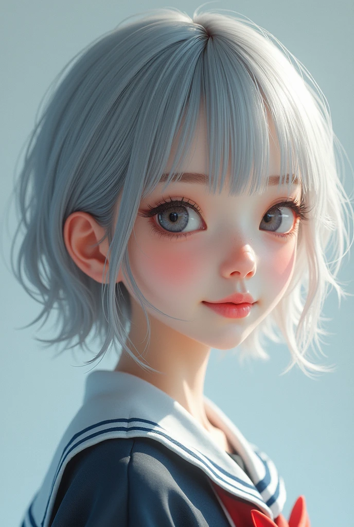 a beautiful young half japanese half Nordic girl,large expressive eyes,dorrpy eyes,beautiful detailed eyes,charming eyes,extremely detailed and beautiful face,(charming smile:1.0),flawless transparent skin,ultra short hair,silver hair,(highschool uniform,masterpiece,high resolution,photorealistic,extremely detailed:1.75),detailed description,vivid colors,studio lighting,physically-based rendering,intricate detail