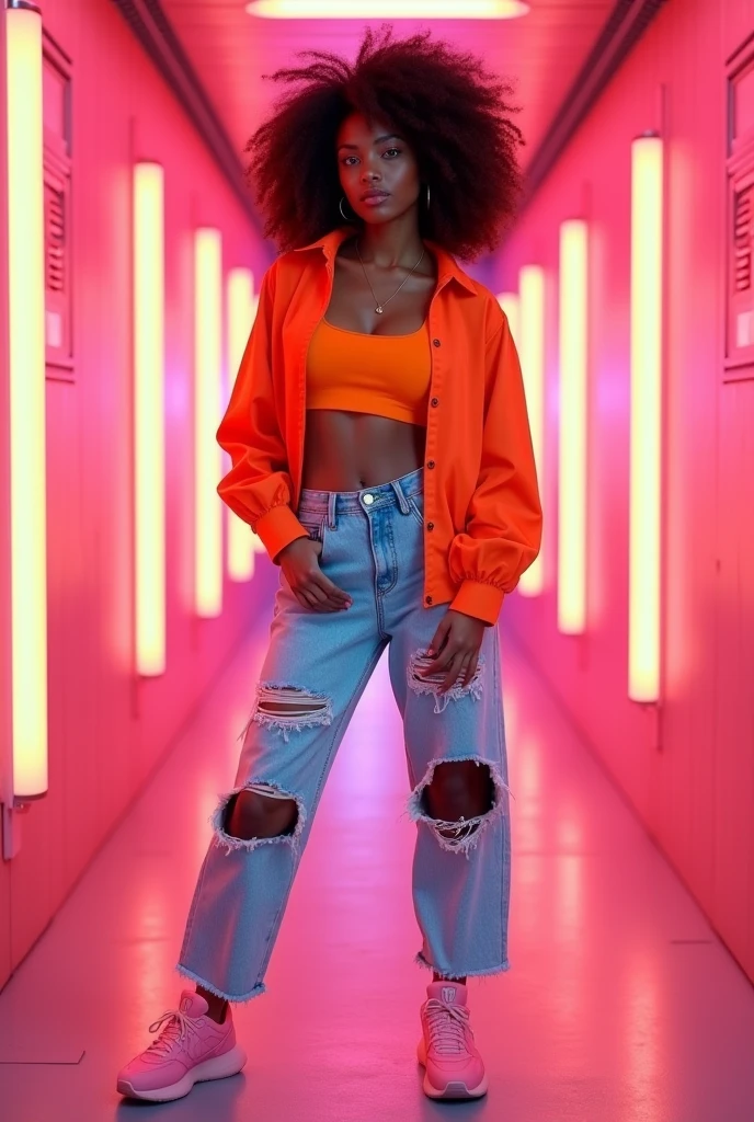 "Full-body hyper-realistic portrait of a woman with natural, voluminous curly hair and a glowing brown skin tone, wearing a bright orange crop top, ripped light blue jeans, and chunky pink sneakers. Her expression is calm yet powerful, with her gaze directed slightly to the side. The background is a futuristic corridor illuminated by pink neon lights, which casts a warm glow on her skin, enhancing the contrast with her bright outfit. The lighting is soft but defined, emphasizing her hair texture and facial features. The color palette is a mix of warm orange, cool light blue, and pink. Shot with ultra-high resolution, 8K, capturing the intricate details of her hair and outfit."