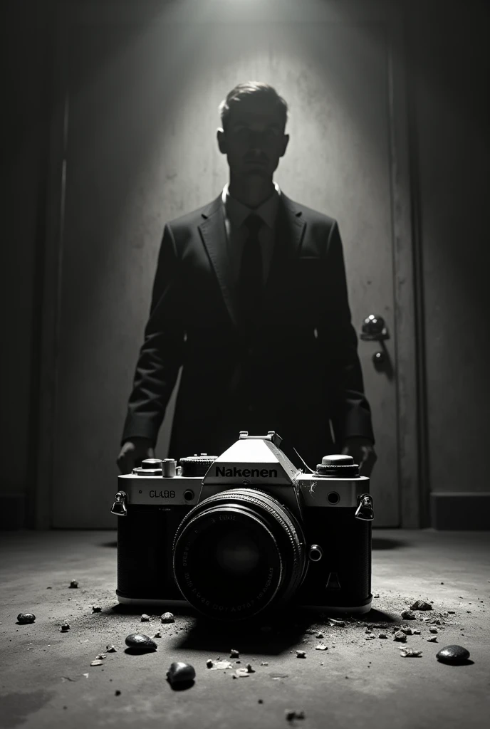 The last photo on the screen of a broken camera, in which a man's shadow is engulfing it and swallowing it."