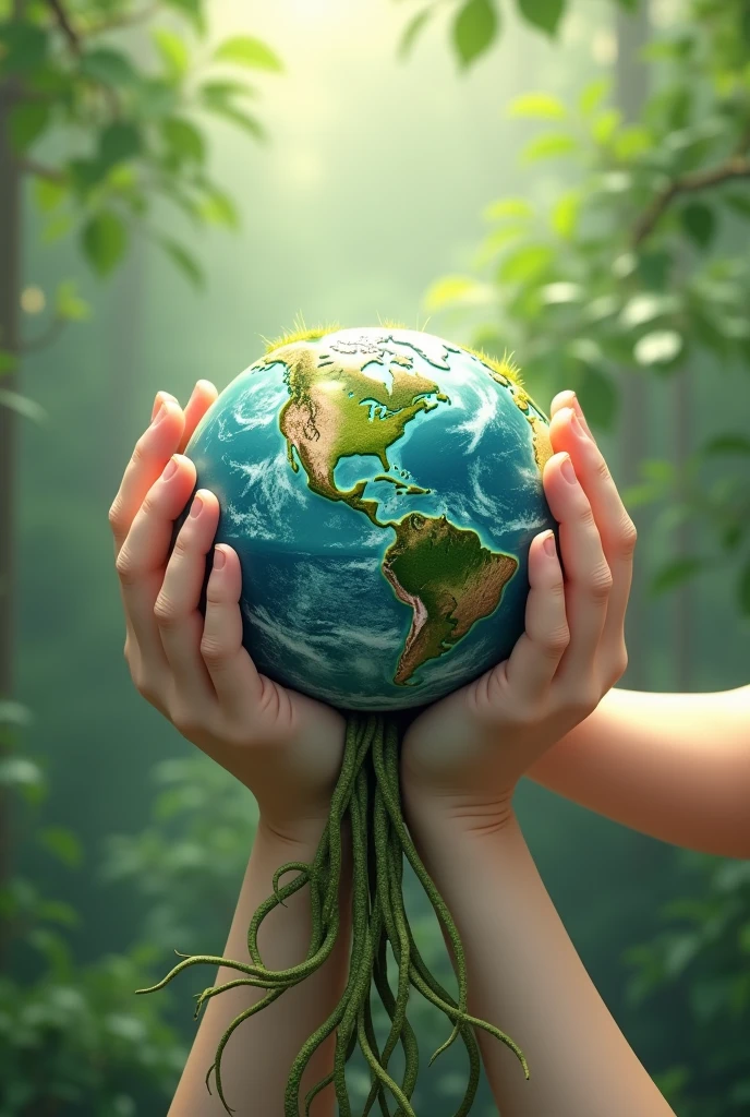 Generate some hands holding the planet and from the planet comes a root representing nature animated image with the title Planet Green that I have this phrase planet Green 