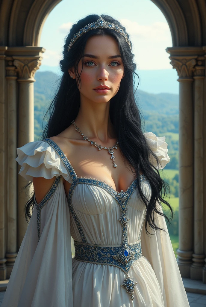 NSFW dark fantasy, a girl, charming, with long brown hair, blue eyes, in a blue dress, open shoulders, patterns on fabric, an abandoned dilapidated castle, flowers, peonies.