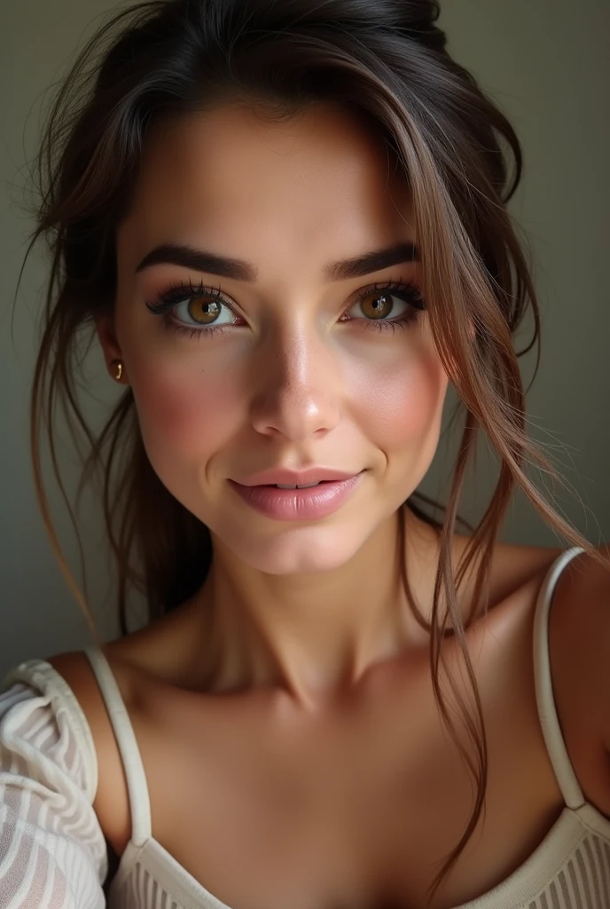 selfie, clin d'œil, jolie femme au visage de bébé, expression attrayante et séduisante, Timide, Cheveux brun raides, front, se maquiller, yeux marron, proportion corporelle superlative, , portant une chemise en tricot ample, pantalon en cuir moulant, Bottes d'ingénieur, Artistique, Hyper, art numérique graphique d autres