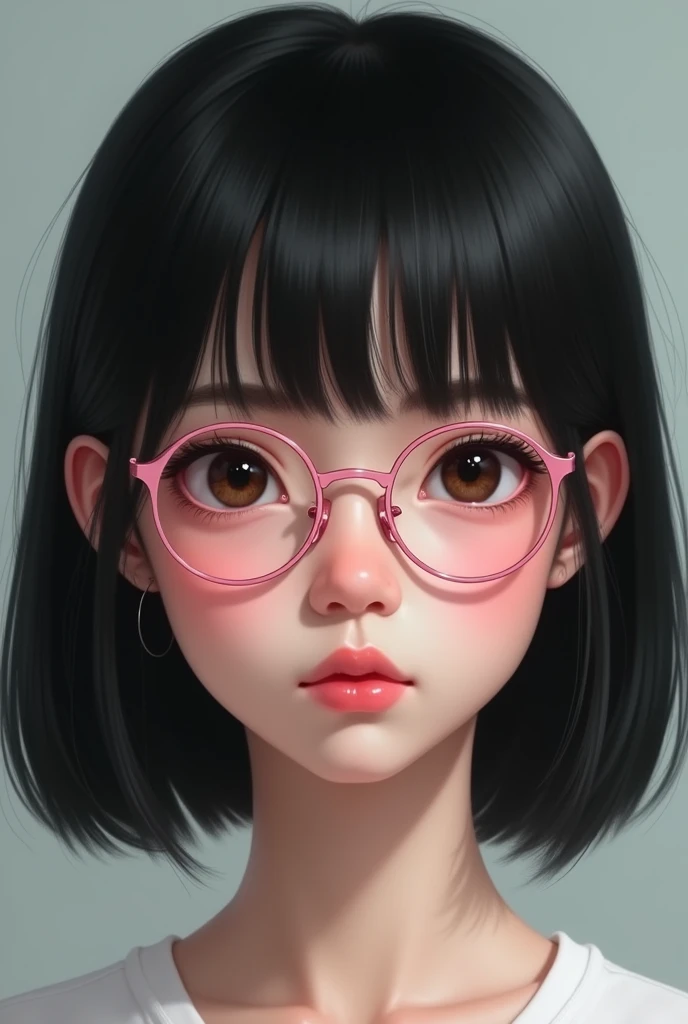 White skinned girl with straight black hair and pink glasses with round eyes