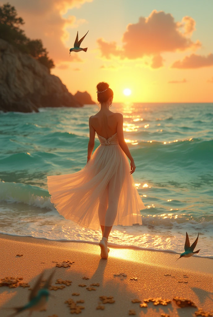 A ballerina with her back turned walking from the sand to the sea with a sunset in the background and small turquoise green swallows flying around her. Sand with golden dots and pieces of a golden puzzle at your feet