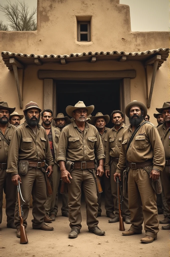 The heroes of the Mexican Independence in front of an old cantina drinking pulque dressed as revolutionaries. All in sepia color