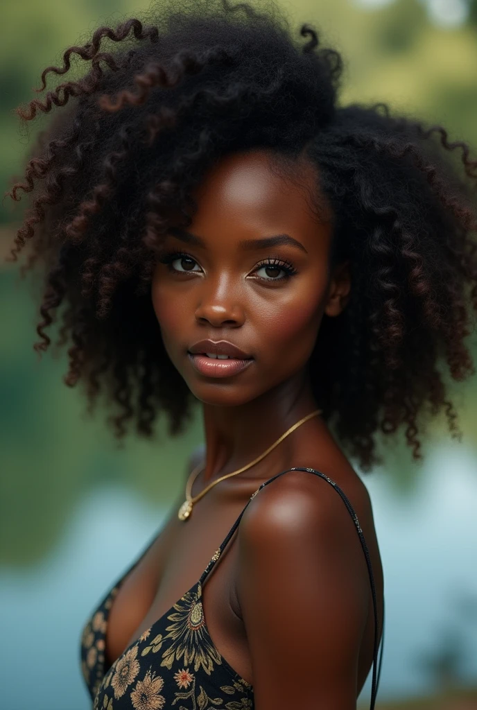 beautiful detailed eyes, beautiful detailed lips, extremely detailed eyes and face, long eyelashes, 1 woman, african american woman, curly hair, , walking, lake, (best quality,4k,8k,highres,masterpiece:1.2),ultra-detailed,(realistic,photorealistic,photo-realistic:1.37), hyper detailed, extremely intricate details, highly detailed skin, volumetric lighting, chiaroscuro, dramatic lighting, cinematic lighting, dramatic colors, moody colors, studio lighting, physically-based rendering, vivid colors, fine art portrait, natural light, environmental portrait, natural setting