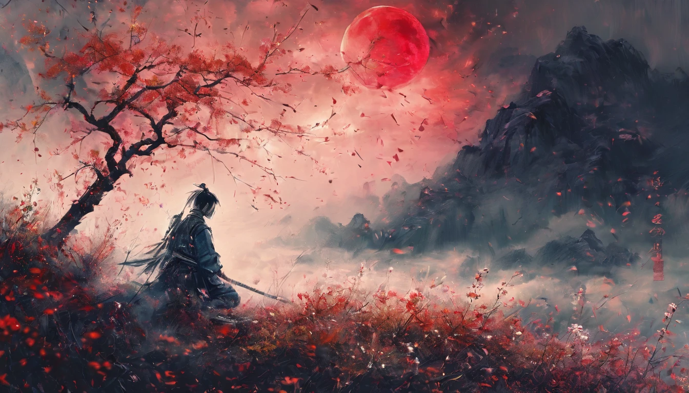 a young man kneeling in a flowery meadow, samurai, night, shining red moon, torn sword, long exposure, highly detailed, 8k, photorealistic, masterpiece, studio lighting, dramatic lighting, cinematic, moody atmosphere, vibrant colors, lush nature, intricate details