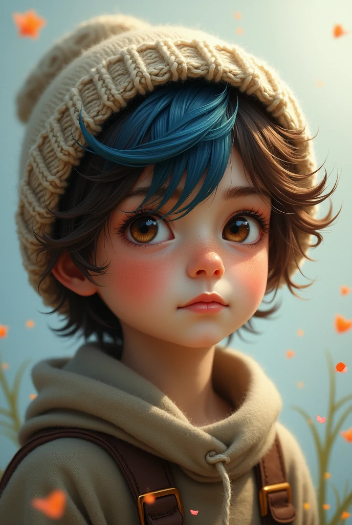 a boy with a lock of blue hair and a hat around his neck