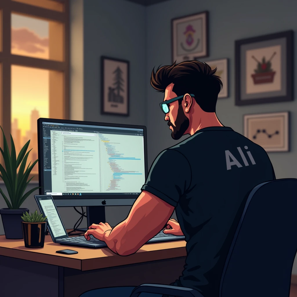 Software developer using computer and Laptop in his well architect room
He is A Lean bodybuilder wearing glasses and Black T shirt and backside of it "Ali" is written
(Back side view)
(Image should be partially Animated type)