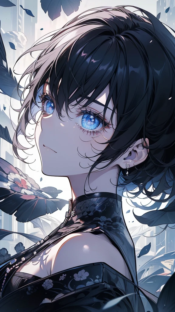 ((8k resolution))、((Highest quality))、((masterpiece))、((Very detailed))((((dramatic))), (((Rough feeling))), (((intense)))Focus on the face、tattoo、Clear Shadows、Vibrant, front,flower々background、Rich colors,Be confident,coil,scene,Boldness,to attract attention,Smart、tendency、I focus,Gray Hair,Short Bob