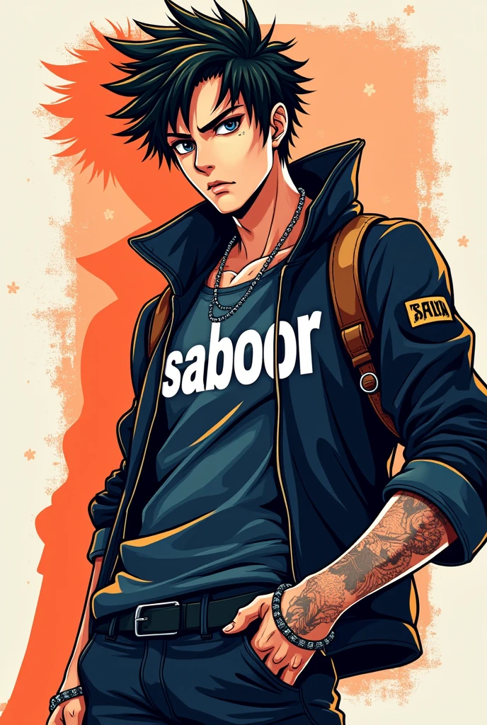 Anime bad boy on shirt written SABOOR