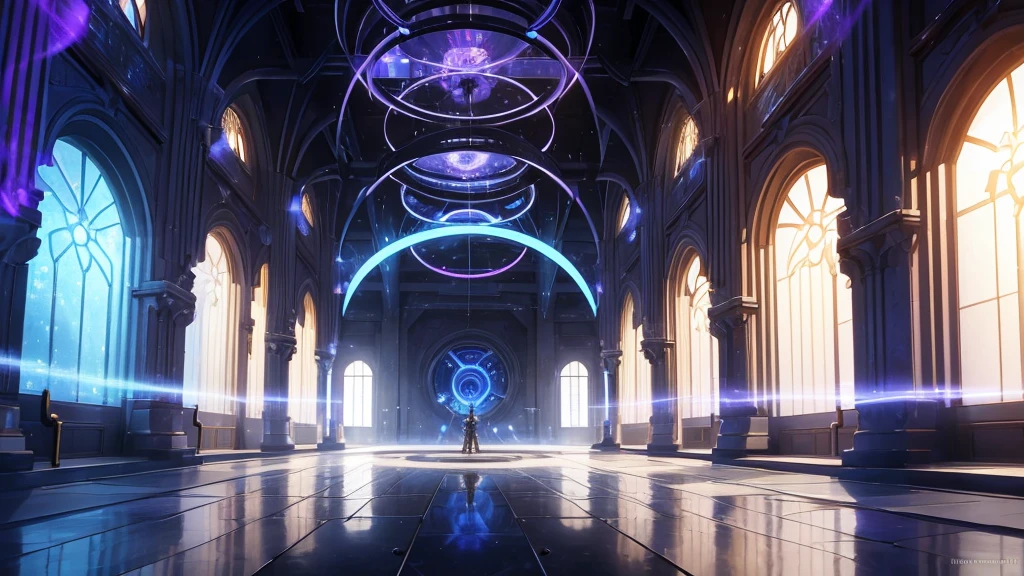 A futuristic RPG-inspired battle hall, with an intense and epic atmosphere. The hall is vast, with tall metal columns supporting the vaulted ceiling, decorated with holograms. The environment has sand-toned colors, gold and bronze details, reflecting the light from the plasma lamps suspended from the ceiling. At the center, there is a large combat circle, demarcated by blue and purple luminescent energy lines that glow intermittently. Around the circle, there are raised platforms for spectators, made of a dark metal, with digital panels displaying fighter statistics.