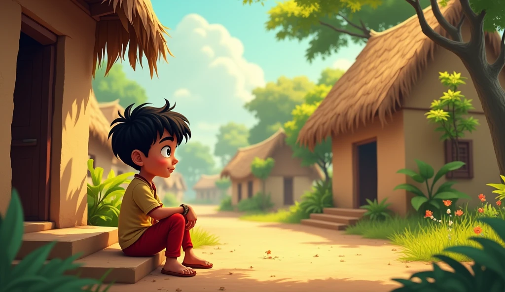 In cinematic 2d cartoon style indian In that village lived a poor but very intelligent boy named Mohan. Home under sitting