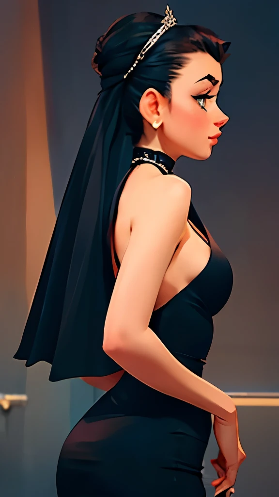 araffe woman in a black dress and veil with a black purse, stunning elegant pose, cute elegant pose, elegant profile pose, looks like audrey hepburn, black dress, dressed in black, black gown, elegant posed, an elegant woman in black dress, stunning elegant, dressed in black velvet, gorgeous elegant attractive, wearing a black dress, elegant and graceful