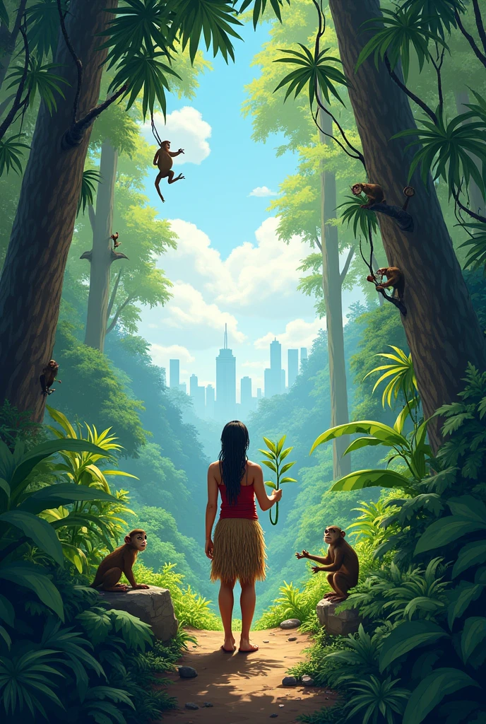 **Image Description:**
- **Scenario:** A space with many trees, A tropical forest.
- **naughty man:** En el centro de la imagen, an indigenous person standing, observing the nature around you.
- **natural elements:** Ao redor do homem, various trees, wild animals, birds and monkeys, that symbolize biodiversity.
- **Man's action:** The man holds a plant in his hands, symbolizing planting and conservation.
- **symbolism:** Ao fundo, there may be city, representing sustainability.
- **colors:** Tons de verde, blue and brown, symbolizing nature and harmony