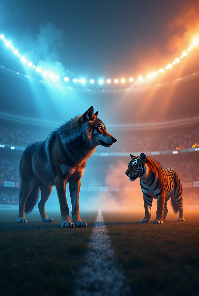 "A modern, ultra-high-definition (4K) football stadium. On the left side, a large and imposing wolf stares intensely at a tiger on the right side. The wolf dominates the scene with its full body visible, while the tiger is depicted with only its head and front paws emerging from the edge of a banner. The wolf's side of the stadium is illuminated with a vibrant crystal blue, while the tiger's side glows with a fiery orange. The colors are sharply divided down the middle, adding tension and energy to this epic confrontation in a sleek, futuristic stadium."