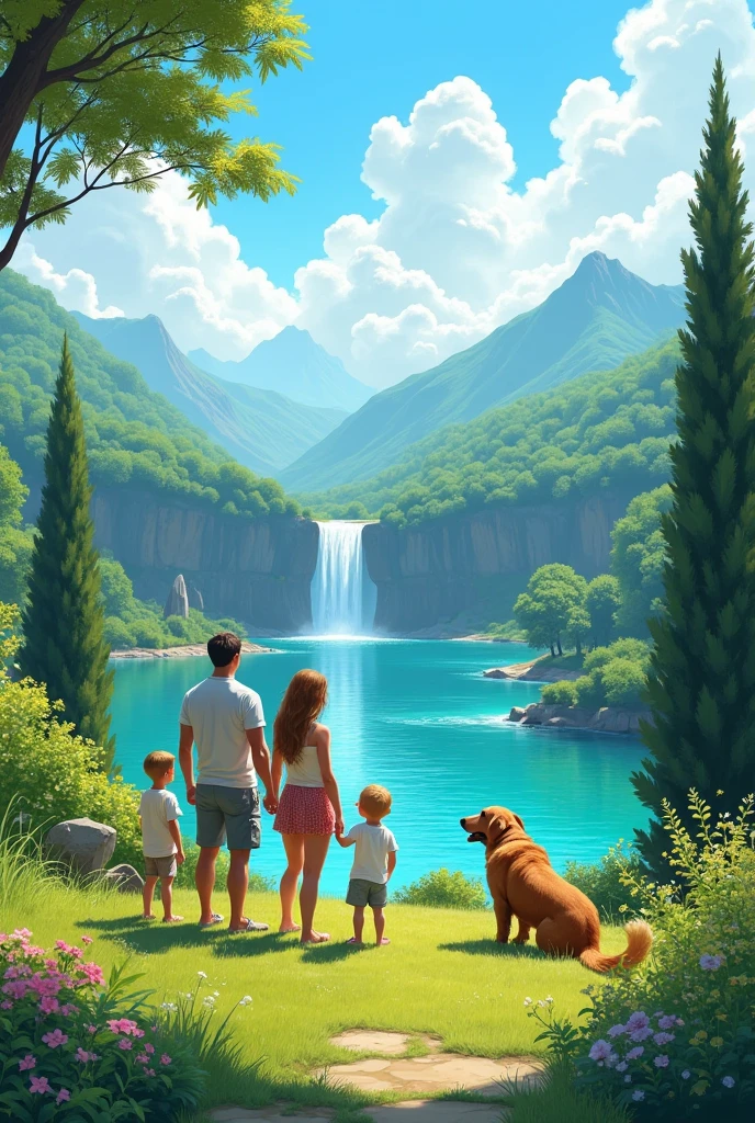 On a sunny day with a bright blue sky, a family is in the backyard of their summer house, situated on a cliff. The family, consisting of a father, mother, two children, and a golden retriever, is dressed in summer clothes. Below, the valley features an emerald-blue lake sparkling in the sun, with a waterfall gently cascading into it. The surrounding landscape is lush with tall trees, flowering shrubs, and green grass swaying in the breeze. The family admires the stunning view, with the clear sky reflecting in the lake's crystal-clear waters.