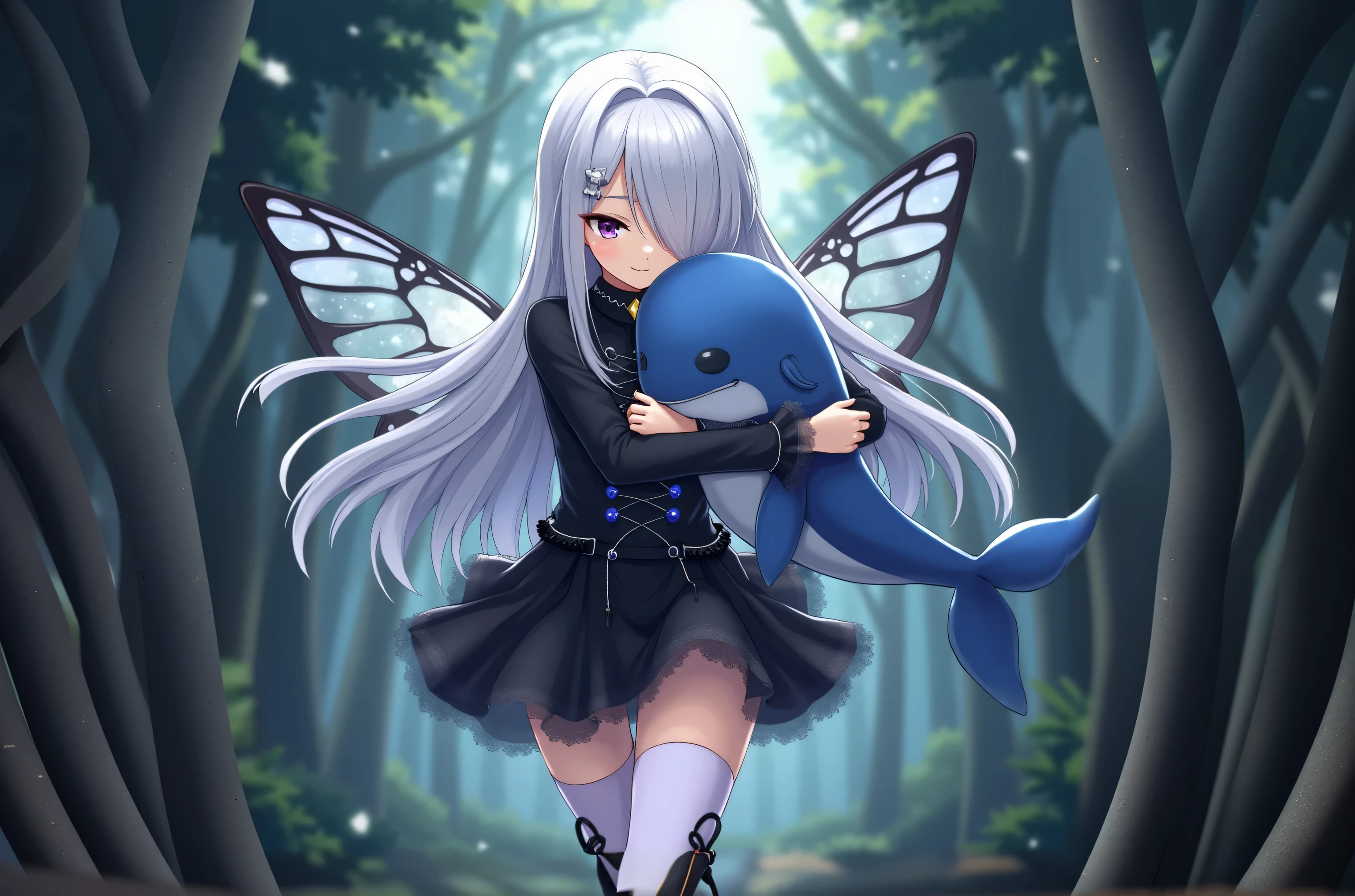 anime-style girl running in forest and hugging little blue whale, She has striking and elegant appearance. She has long, straight, silver-white hair that cascades down past their shoulders. A significant portion of their bangs falls over their right eye, partially covering it, but you can still faintly see the eye through the strands of hair. The visible left eye is a deep purple color, adding to the character's mysterious and ethereal appearance. She is wearing a stylish black dress that is both sophisticated and slightly gothic. The dress features a high collar with a small gold diamond-shaped detail at the center. The front of the dress has a lace-up design, cinching it at the waist to emphasize her slender figure. The skirt of the dress is short and flares out slightly, with delicate blue gemstones attached to thin chains hanging from her waist, adding a touch of sparkle and elegance. Her legs are covered by thigh-high lavender stockings that have a subtle gradient effect, with a lace-like design at the top. She is wearing black and white shoes adorned with intricate, butterfly-like wings at the back, which appear to be made of translucent, iridescent material. These wings add a whimsical and magical element to her overall appearance.