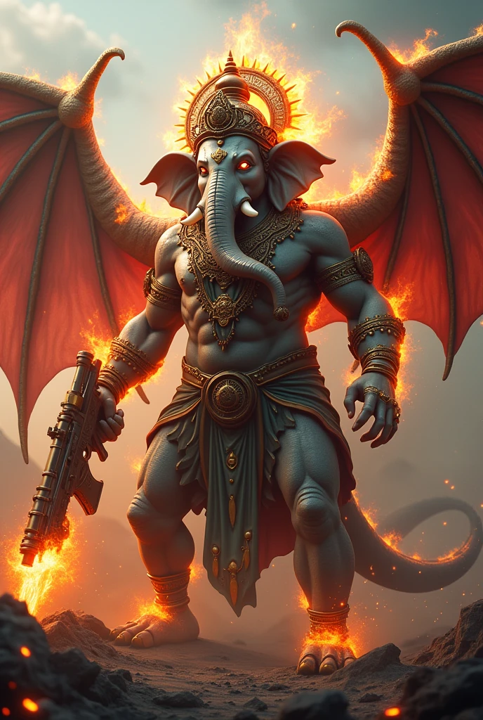  pubg players  lord ganesha dragon body flaming with mouth looting 
With wings
Fire rail  
Half lord shiva body with face