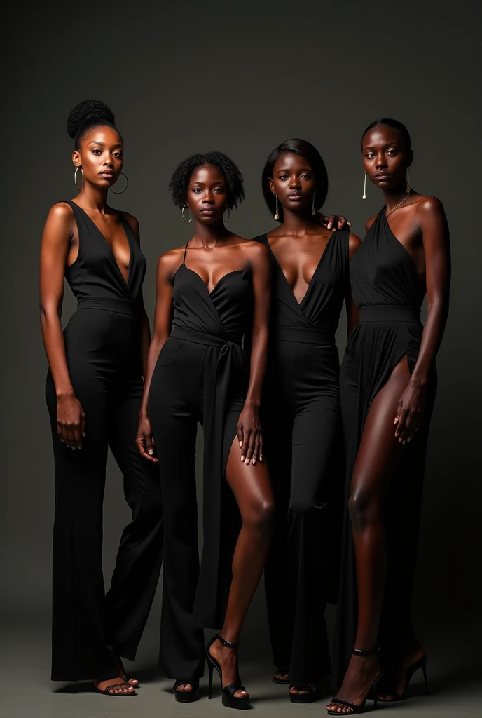4 dark skin fashion female models wearing an asymmetric jumpsuits