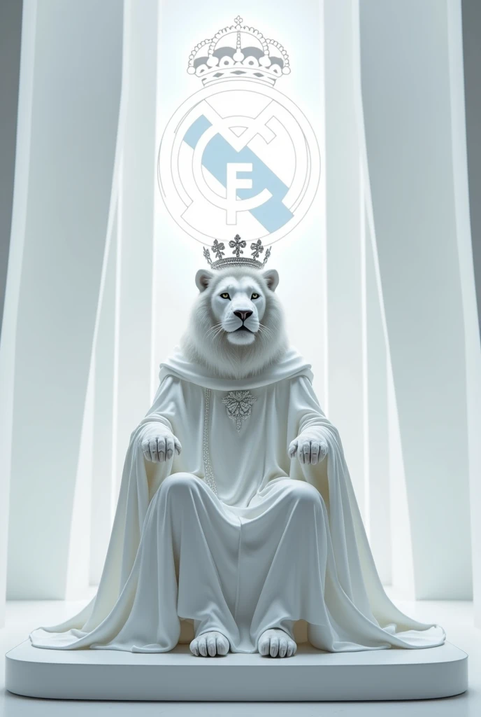 in the white room, a white lion is sitting on a beautiful white throne. A lion in a white royal robe. And the lion has a white crown on his head.
on the wall is the logo of the Real Madrid football club. Logo is lighting with its colors.
